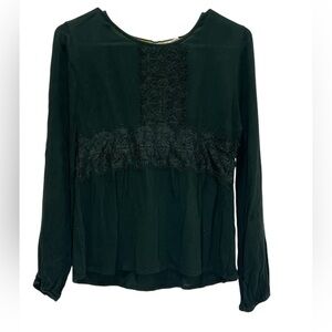 Clover + Scout Womens Blouse Size XS Dark Green Lace Long Sleeve Top Shirt